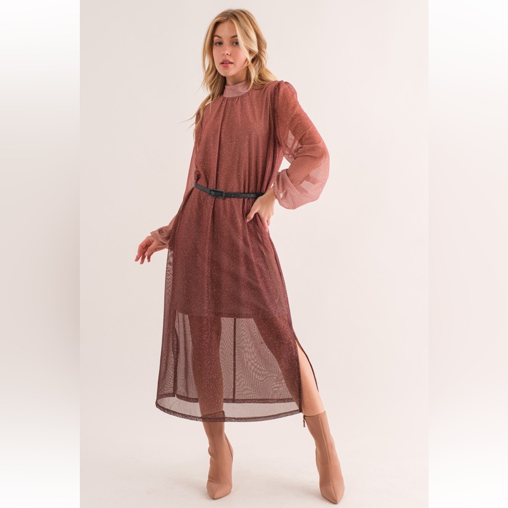 41 Glittered Mesh Mock Neck Midi Dress